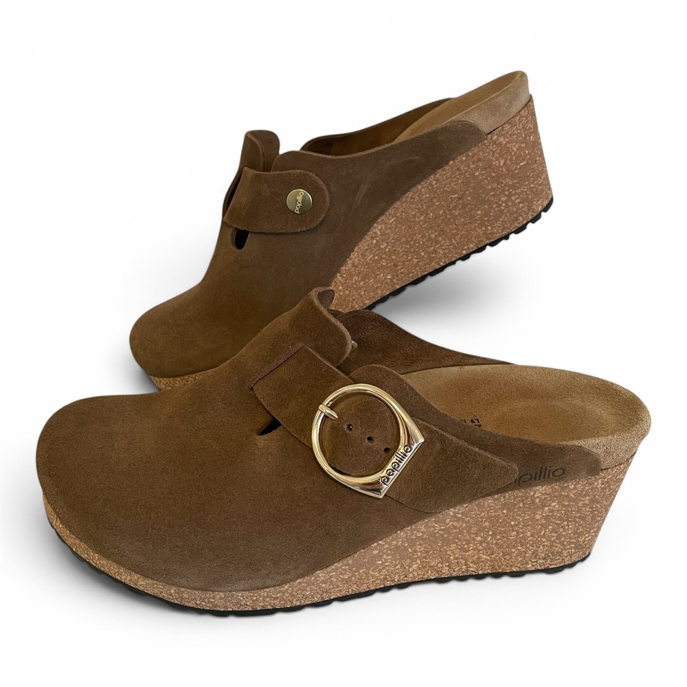 Birkenstock Papillio Fanny Gold Ring Buckle Wedge Clog Mules 40 9 Dark Tea Suede